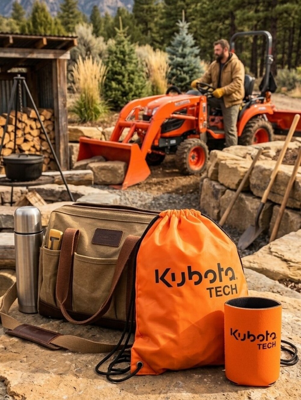 KubotaTech Orange Drawstring Bag & Koozie Set